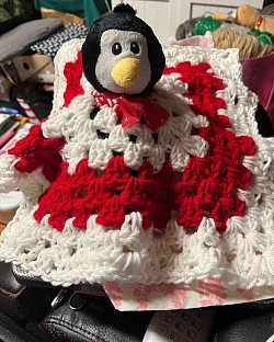 Red & white lovey w/penguin